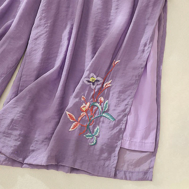 Pantaloni a gamba larga da donna in cotone e lino con bottoni cinesi a doppio strato, ricamo artistico con fiori Buddha Stones - Image 13