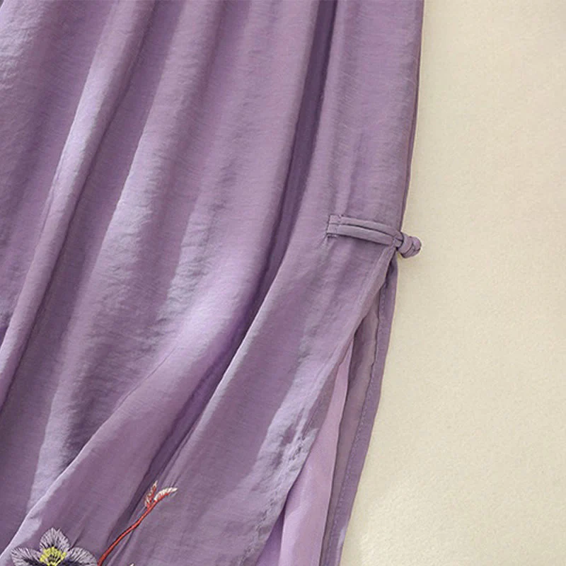 Pantaloni a gamba larga da donna in cotone e lino con bottoni cinesi a doppio strato, ricamo artistico con fiori Buddha Stones - Image 14
