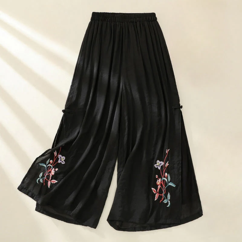 Pantaloni a gamba larga da donna in cotone e lino con bottoni cinesi a doppio strato, ricamo artistico con fiori Buddha Stones - Image 15
