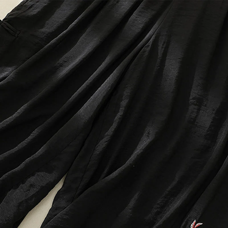 Pantaloni a gamba larga da donna in cotone e lino con bottoni cinesi a doppio strato, ricamo artistico con fiori Buddha Stones - Image 16