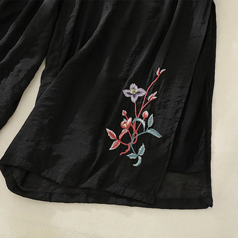 Pantaloni a gamba larga da donna in cotone e lino con bottoni cinesi a doppio strato, ricamo artistico con fiori Buddha Stones - Image 17