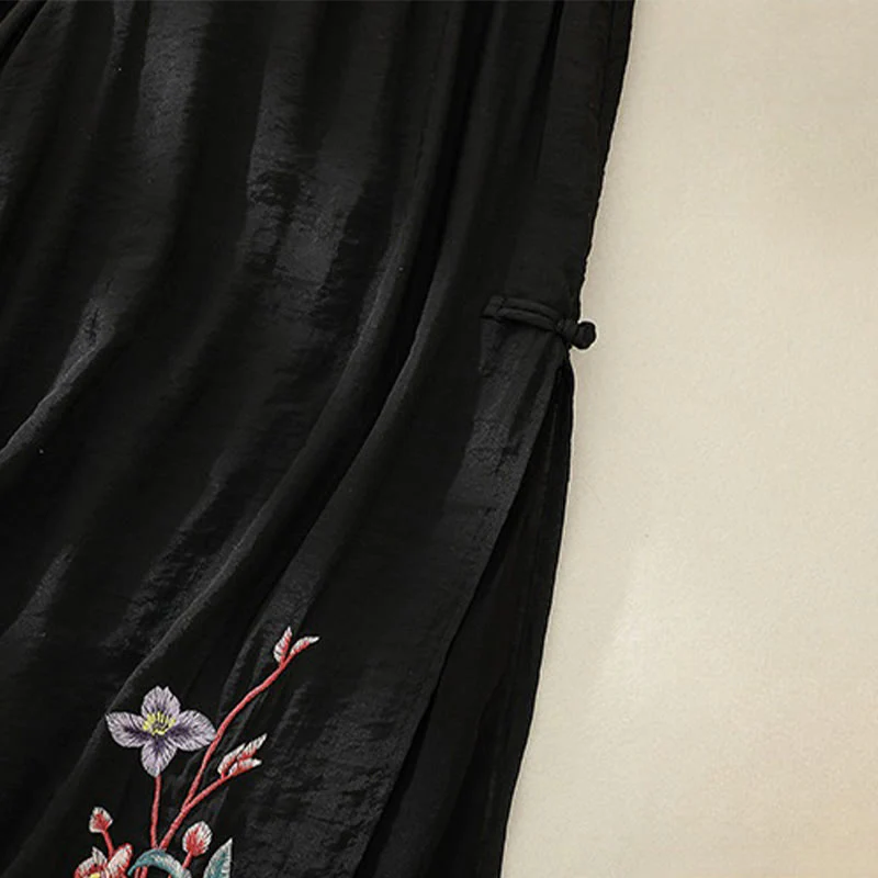 Pantaloni a gamba larga da donna in cotone e lino con bottoni cinesi a doppio strato, ricamo artistico con fiori Buddha Stones - Image 18