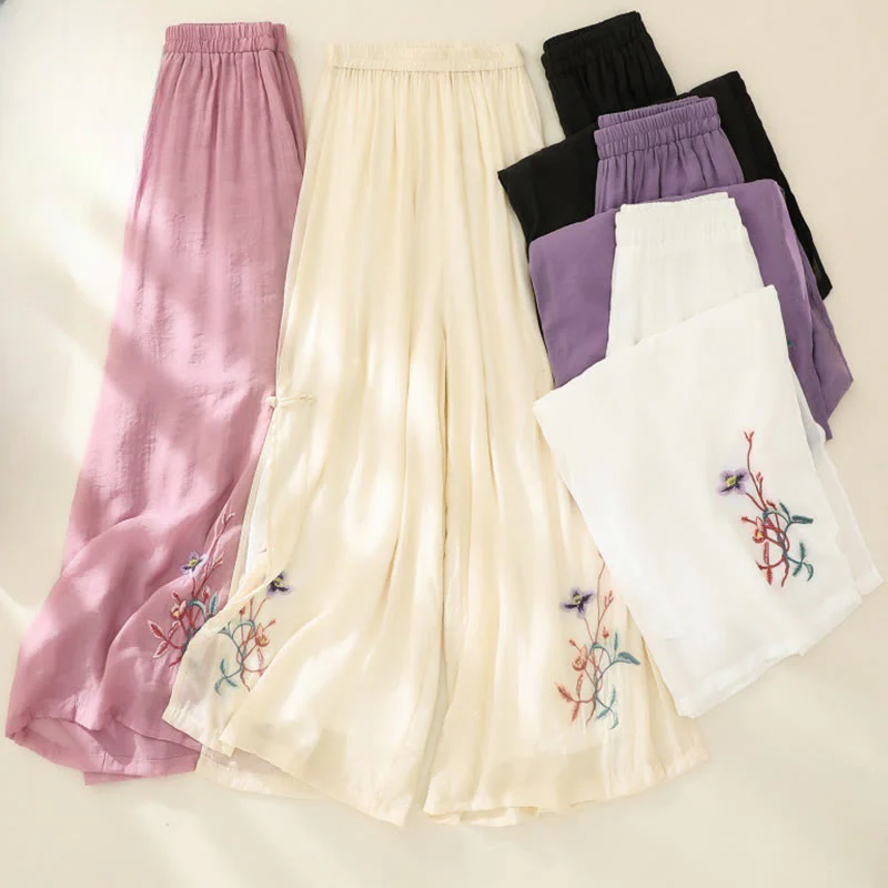Pantaloni a gamba larga da donna in cotone e lino con bottoni cinesi a doppio strato, ricamo artistico con fiori Buddha Stones - Image 19