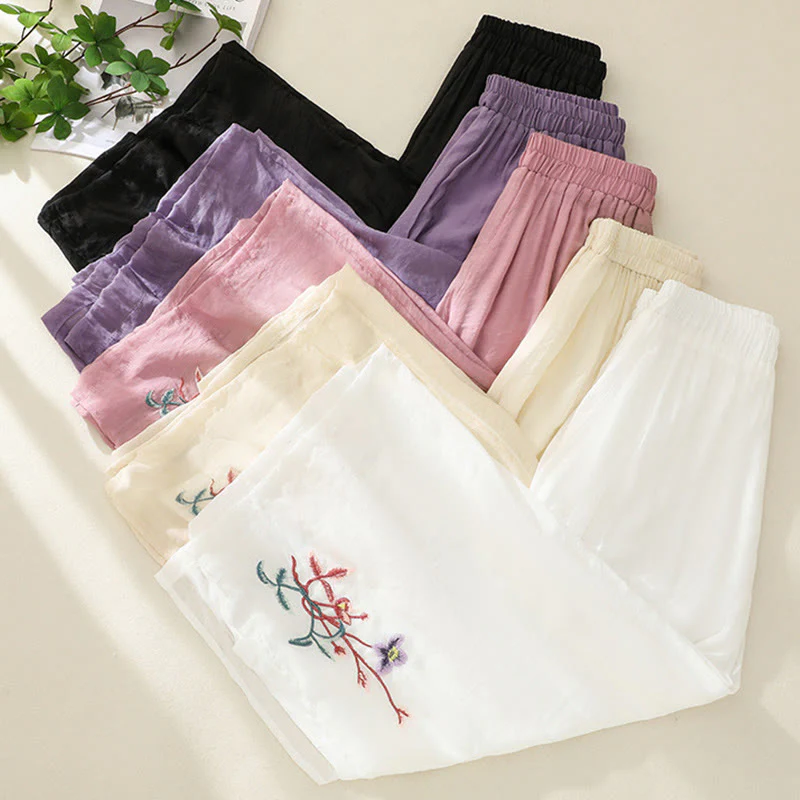 Pantaloni a gamba larga da donna in cotone e lino con bottoni cinesi a doppio strato, ricamo artistico con fiori Buddha Stones - Image 20