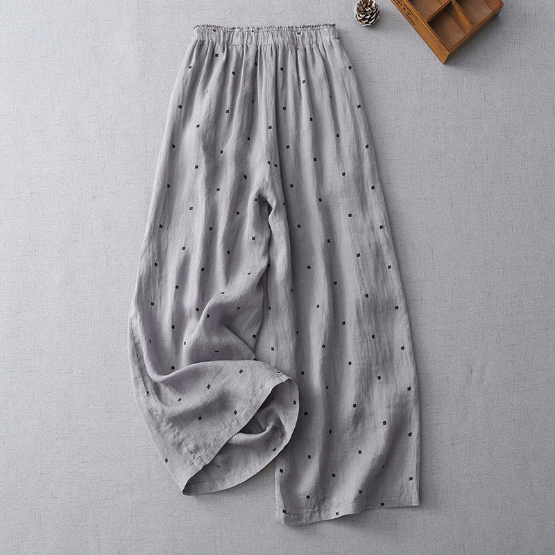 Pantaloni a gamba larga da donna in lino e cotone con tasche, modello Buddha Stones, casual, estivi, a pois - Image 2