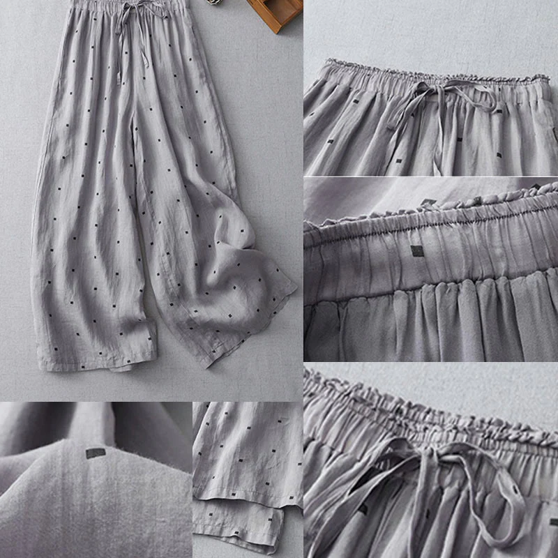 Pantaloni a gamba larga da donna in lino e cotone con tasche, modello Buddha Stones, casual, estivi, a pois - Image 9