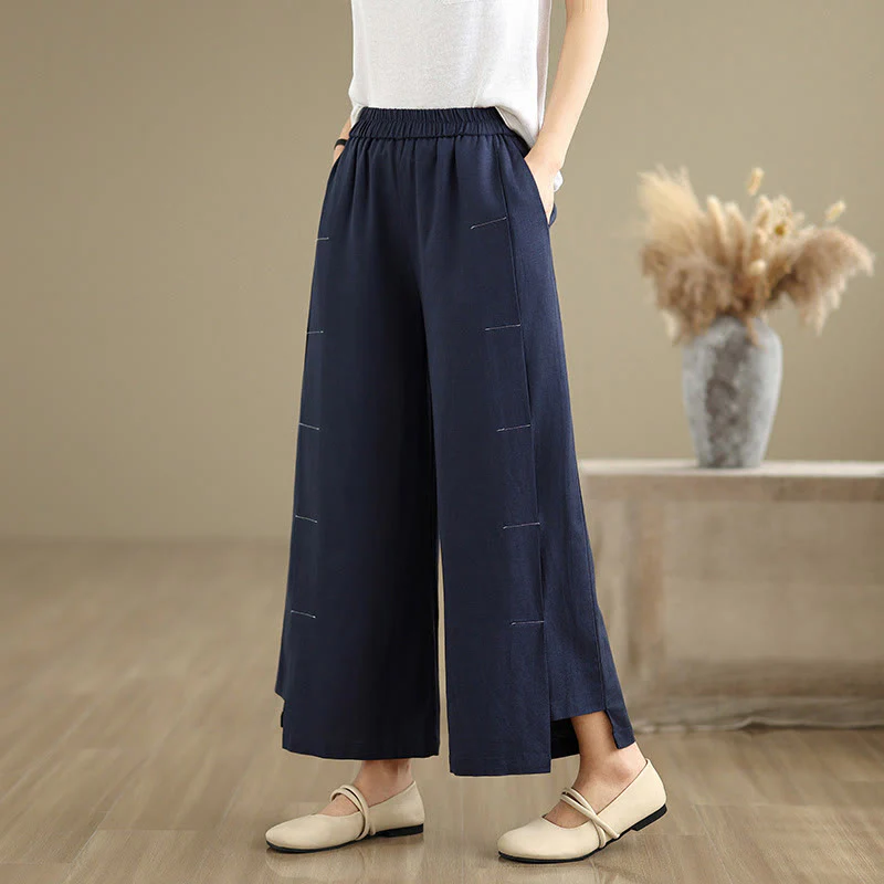 Pantaloni a gamba larga da donna in lino e cotone, con tasche, modello Buddha Stones, casual, primaverili, blu navy, linea semplice