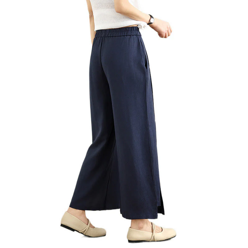 Pantaloni a gamba larga da donna in lino e cotone, con tasche, modello Buddha Stones, casual, primaverili, blu navy, linea semplice - Image 10