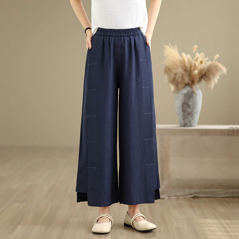 Pantaloni a gamba larga da donna in lino e cotone, con tasche, modello Buddha Stones, casual, primaverili, blu navy, linea semplice - Image 2