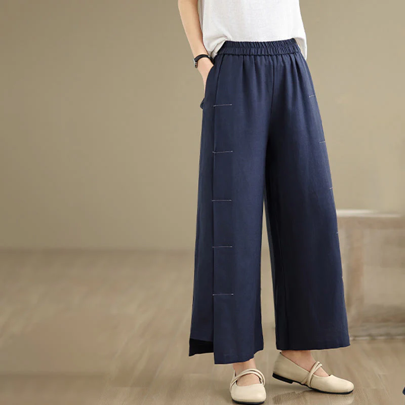 Pantaloni a gamba larga da donna in lino e cotone, con tasche, modello Buddha Stones, casual, primaverili, blu navy, linea semplice - Image 3