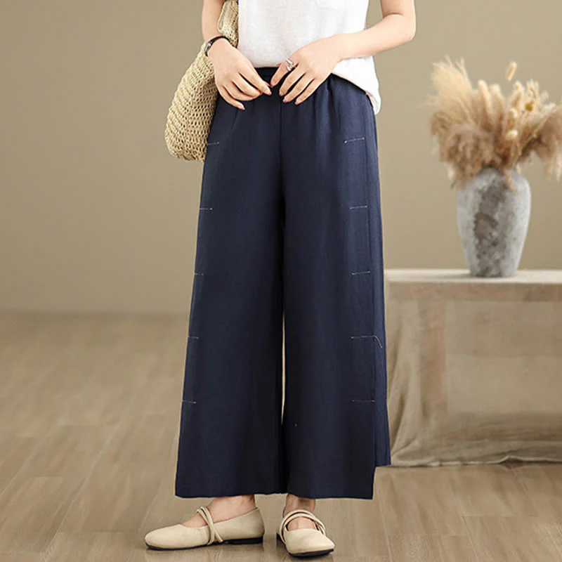 Pantaloni a gamba larga da donna in lino e cotone, con tasche, modello Buddha Stones, casual, primaverili, blu navy, linea semplice - Image 4