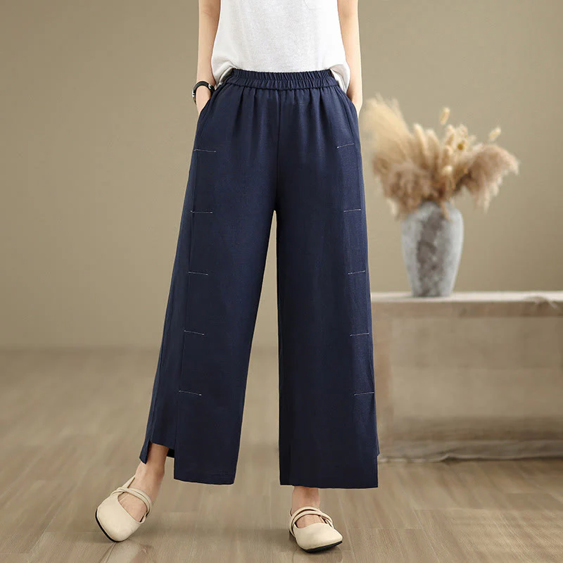 Pantaloni a gamba larga da donna in lino e cotone, con tasche, modello Buddha Stones, casual, primaverili, blu navy, linea semplice - Image 5