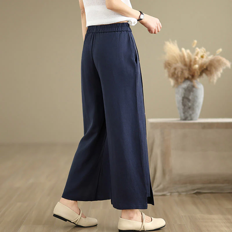 Pantaloni a gamba larga da donna in lino e cotone, con tasche, modello Buddha Stones, casual, primaverili, blu navy, linea semplice - Image 6