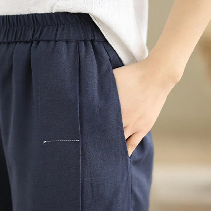 Pantaloni a gamba larga da donna in lino e cotone, con tasche, modello Buddha Stones, casual, primaverili, blu navy, linea semplice - Image 7