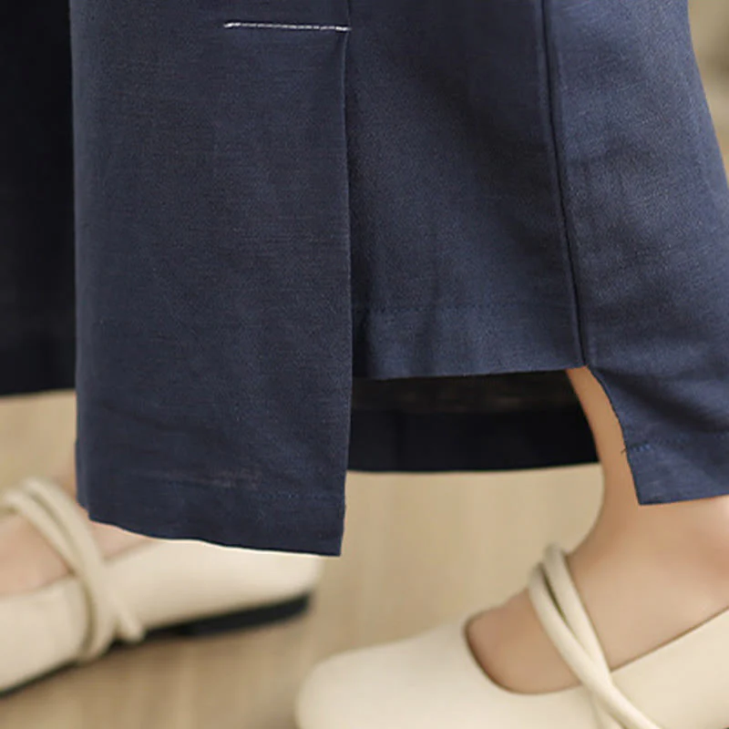 Pantaloni a gamba larga da donna in lino e cotone, con tasche, modello Buddha Stones, casual, primaverili, blu navy, linea semplice - Image 9