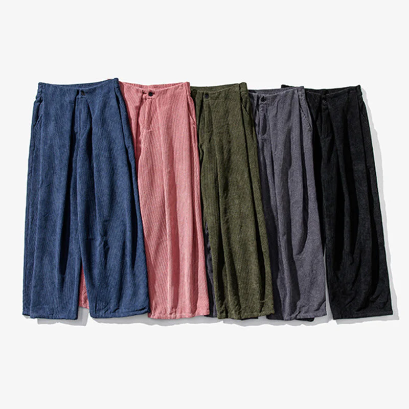 Pantaloni a gamba larga da uomo in velluto a coste di cotone tinta unita Buddha Stones con tasche - Image 47