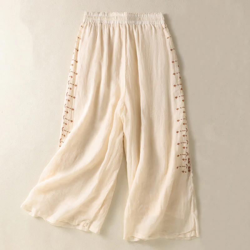 Pantaloni a gamba larga in cotone e lino con coulisse, vita alta e tasche, da donna, con ricamo etnico Buddha Stones