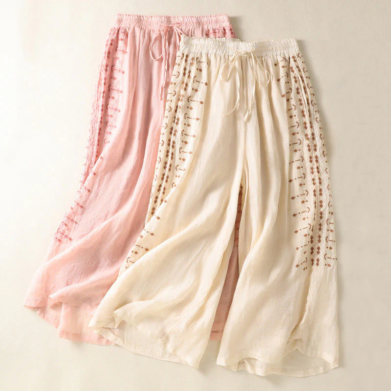 Pantaloni a gamba larga in cotone e lino con coulisse, vita alta e tasche, da donna, con ricamo etnico Buddha Stones - Image 15