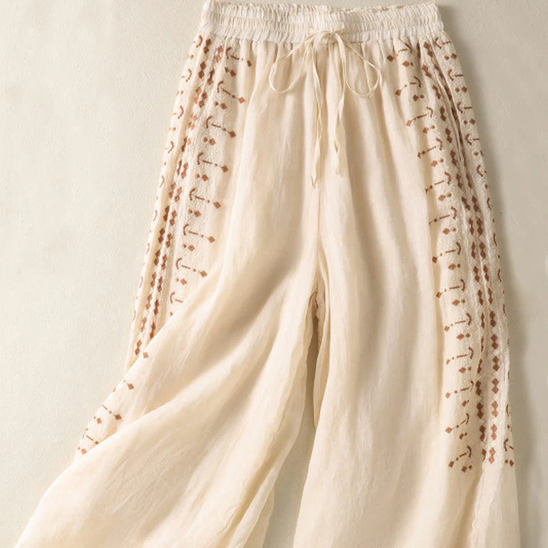 Pantaloni a gamba larga in cotone e lino con coulisse, vita alta e tasche, da donna, con ricamo etnico Buddha Stones - Image 2