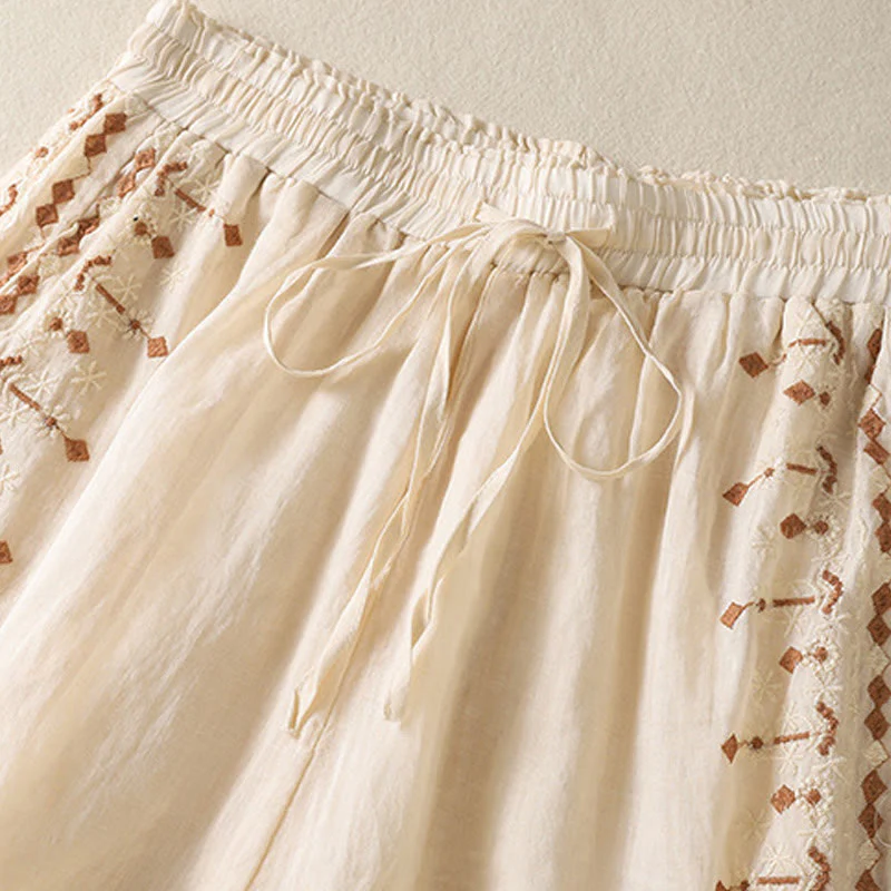 Pantaloni a gamba larga in cotone e lino con coulisse, vita alta e tasche, da donna, con ricamo etnico Buddha Stones - Image 3