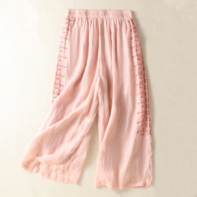 Pantaloni a gamba larga in cotone e lino con coulisse, vita alta e tasche, da donna, con ricamo etnico Buddha Stones - Image 7