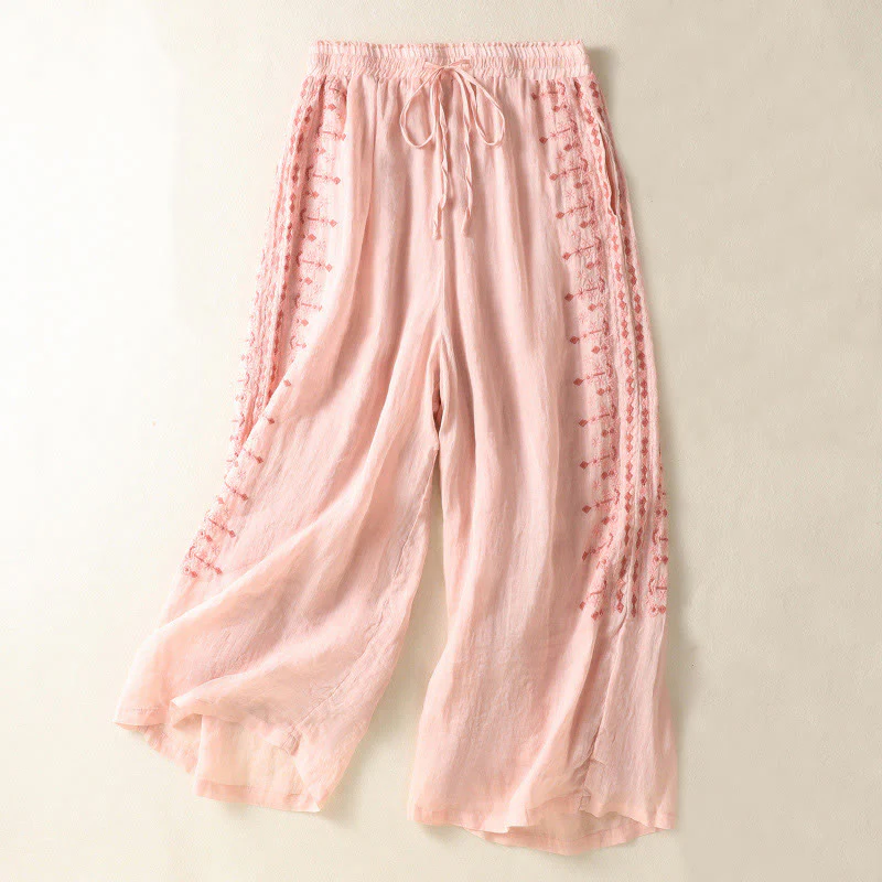 Pantaloni a gamba larga in cotone e lino con coulisse, vita alta e tasche, da donna, con ricamo etnico Buddha Stones - Image 8