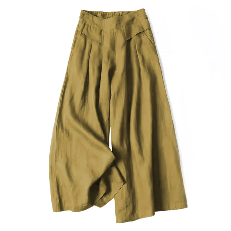 Pantaloni a gamba larga in cotone e lino tinta unita con vita alta e tasche Buddha Stones - Image 10
