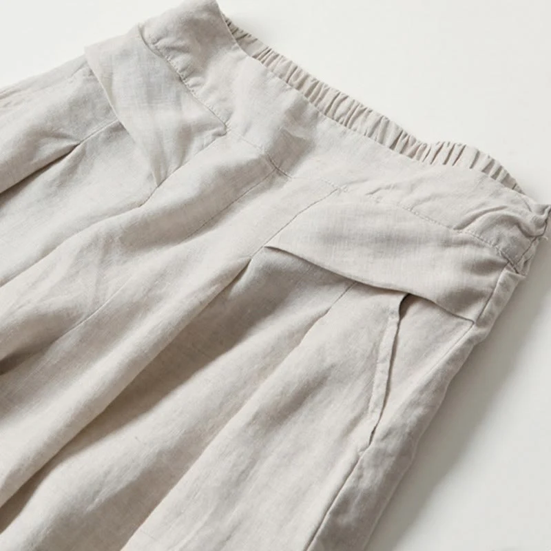Pantaloni a gamba larga in cotone e lino tinta unita con vita alta e tasche Buddha Stones - Image 12
