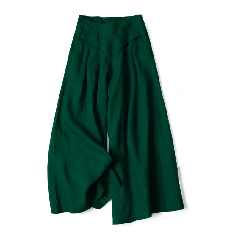 Pantaloni a gamba larga in cotone e lino tinta unita con vita alta e tasche Buddha Stones - Image 20