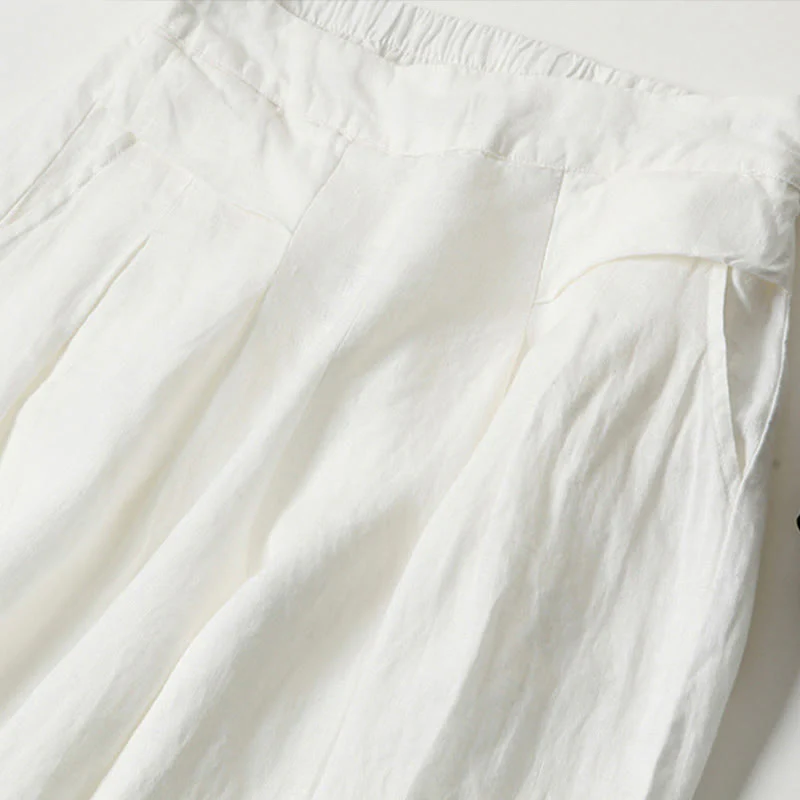 Pantaloni a gamba larga in cotone e lino tinta unita con vita alta e tasche Buddha Stones - Image 26