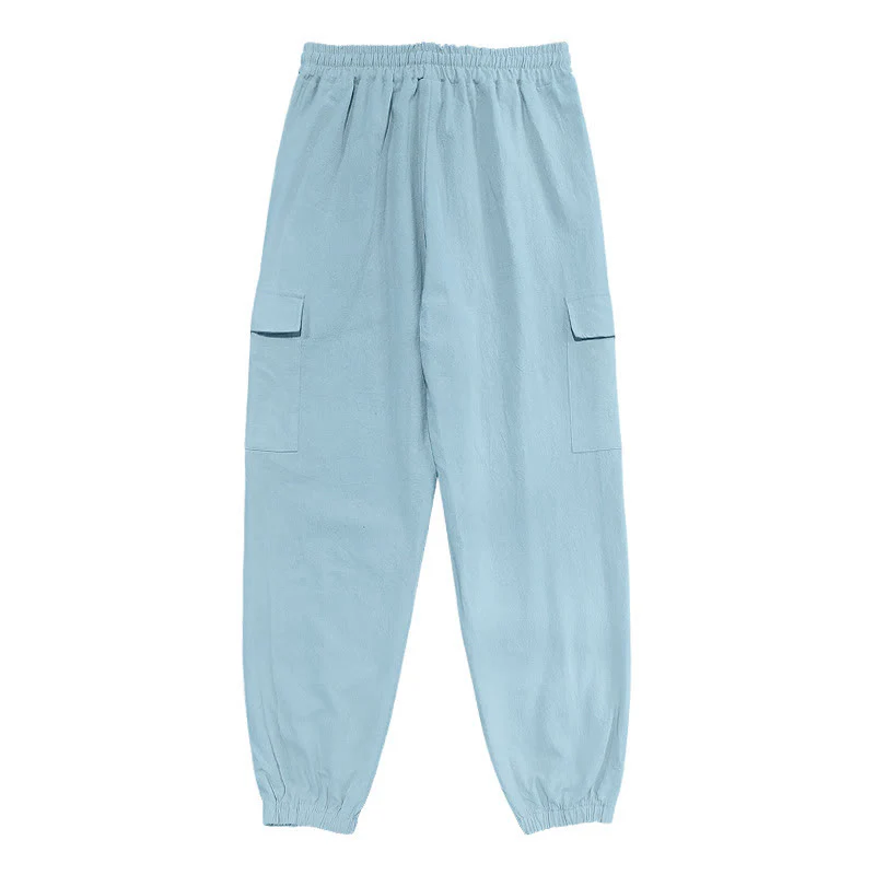 Pantaloni cargo da uomo in lino tinta unita con coulisse e tasche Buddha Stones - Image 11