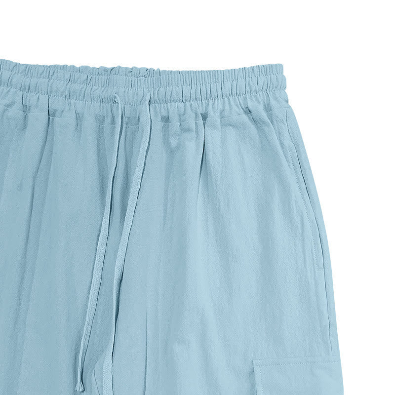 Pantaloni cargo da uomo in lino tinta unita con coulisse e tasche Buddha Stones - Image 12