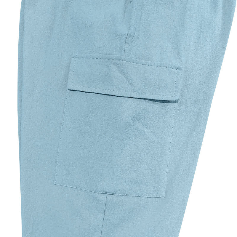 Pantaloni cargo da uomo in lino tinta unita con coulisse e tasche Buddha Stones - Image 13