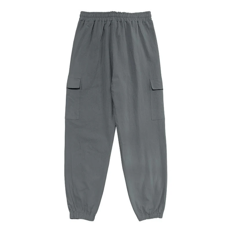 Pantaloni cargo da uomo in lino tinta unita con coulisse e tasche Buddha Stones - Image 17