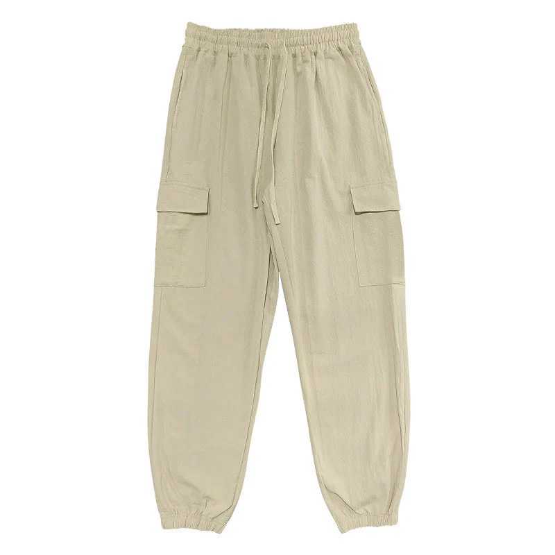 Pantaloni cargo da uomo in lino tinta unita con coulisse e tasche Buddha Stones - Image 22