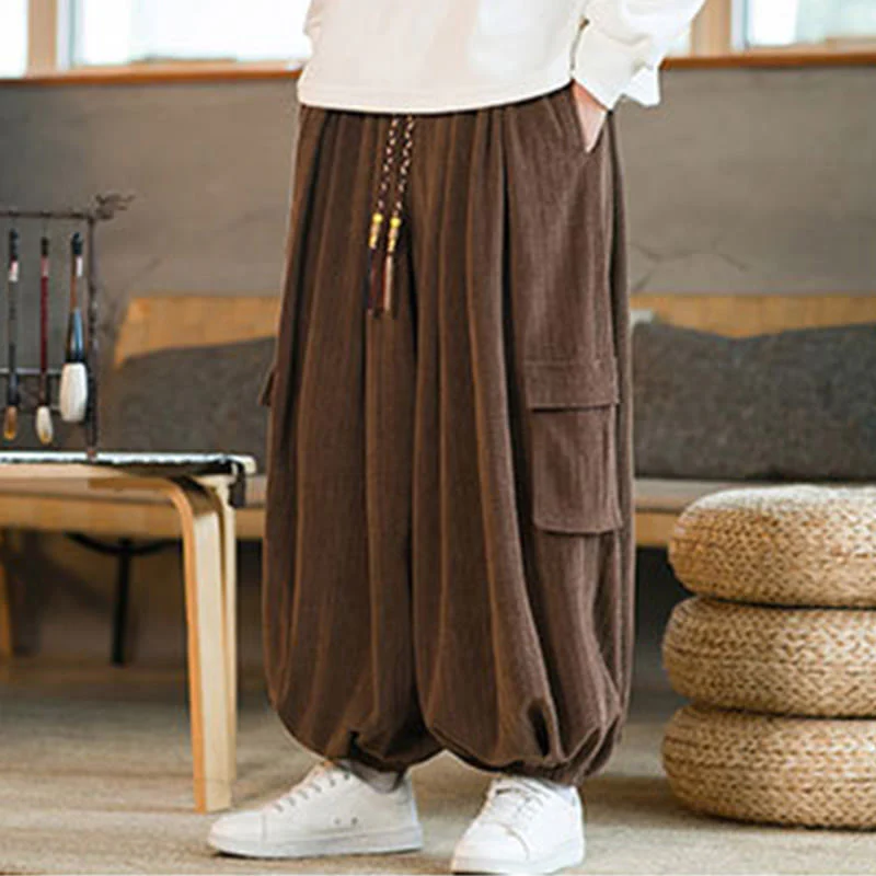 Pantaloni cargo in velluto a coste con coulisse e tasche da uomo Buddha Stones autunno inverno - Image 22