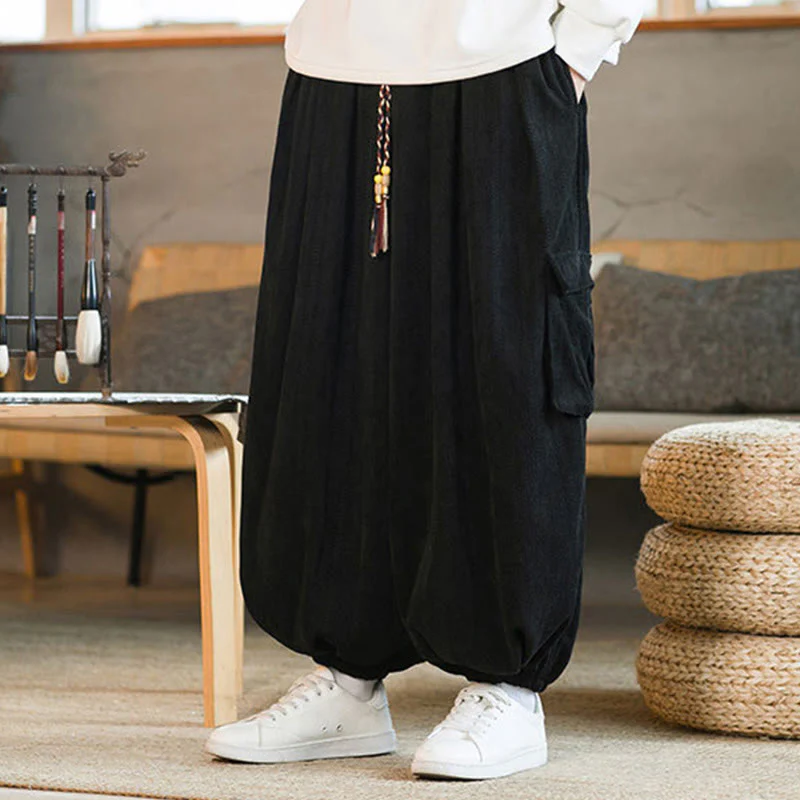 Pantaloni cargo in velluto a coste con coulisse e tasche da uomo Buddha Stones autunno inverno - Image 3