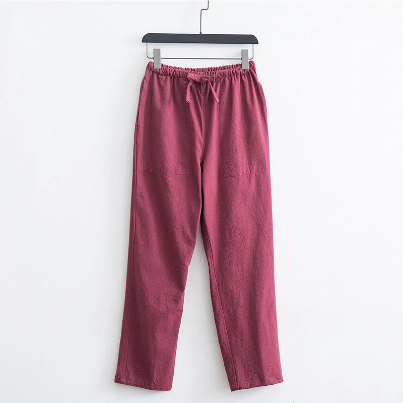Pantaloni casual con coulisse in cotone e lino tinta unita da uomo Buddha Stones con tasche - Image 11