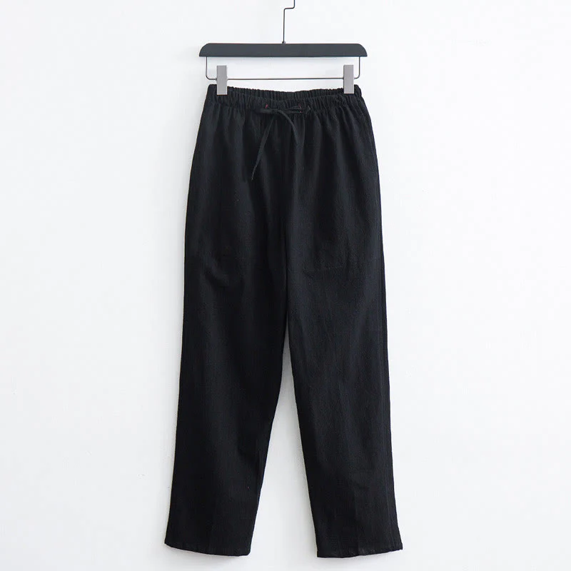 Pantaloni casual con coulisse in cotone e lino tinta unita da uomo Buddha Stones con tasche - Image 2