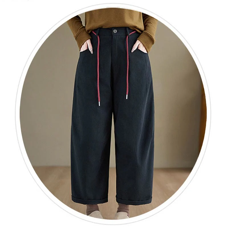 Pantaloni casual da donna Buddha Stones in cotone semplice, lunghezza 7-8, con tasche - Image 3