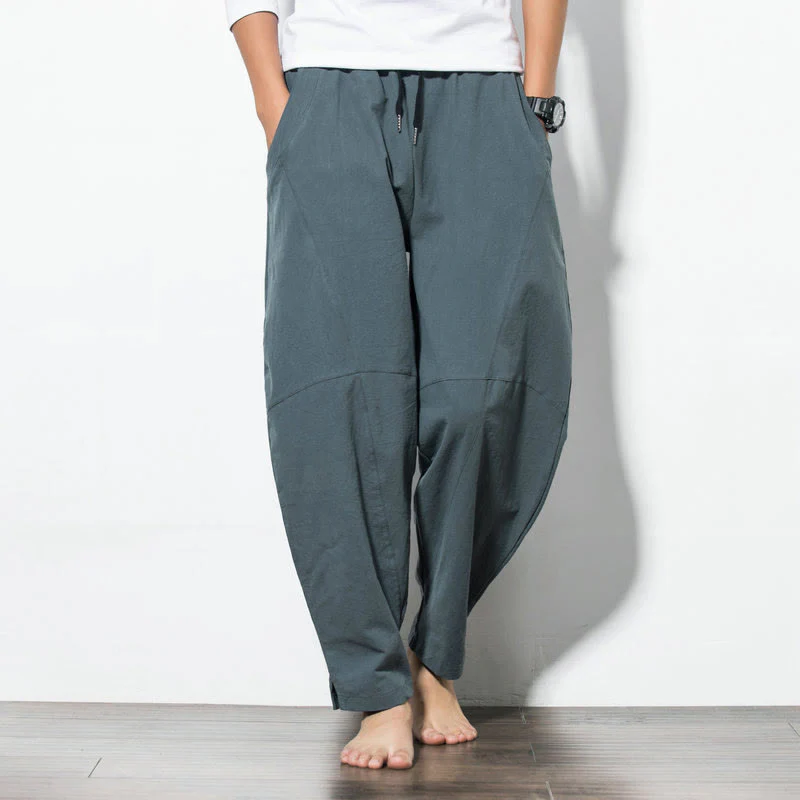 Pantaloni casual da uomo Buddha Stones in cotone tinta unita con coulisse e tasche