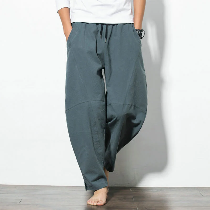 Pantaloni casual da uomo Buddha Stones in cotone tinta unita con coulisse e tasche - Image 6
