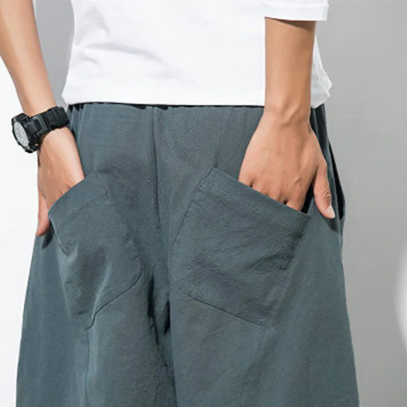 Pantaloni casual da uomo Buddha Stones in cotone tinta unita con coulisse e tasche - Image 8
