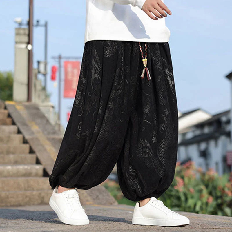Pantaloni casual da uomo in cotone tinta unita con tasche e motivo a drago Buddha Stones - Image 12