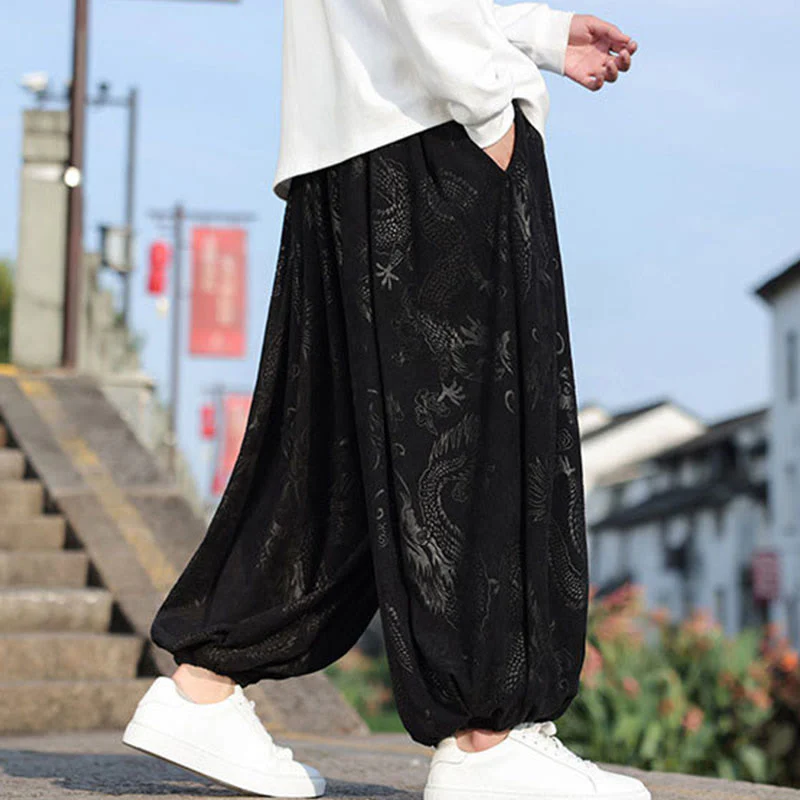 Pantaloni casual da uomo in cotone tinta unita con tasche e motivo a drago Buddha Stones - Image 13
