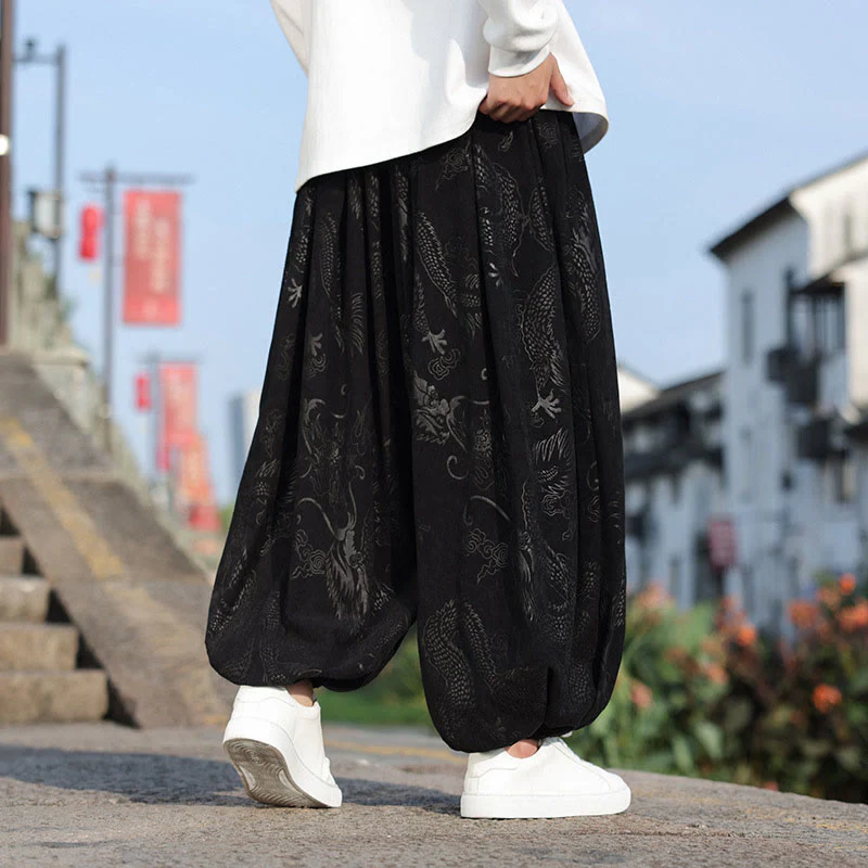 Pantaloni casual da uomo in cotone tinta unita con tasche e motivo a drago Buddha Stones - Image 14