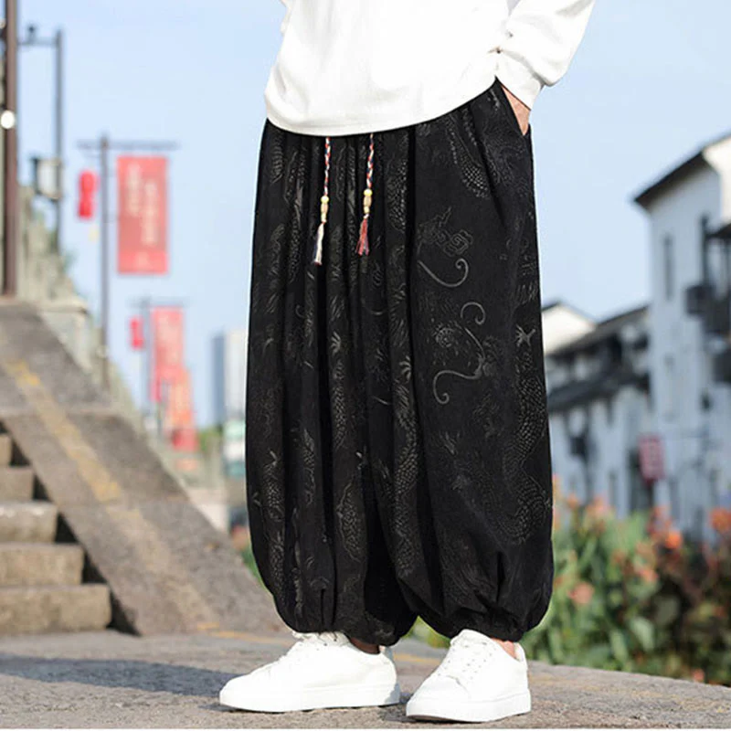 Pantaloni casual da uomo in cotone tinta unita con tasche e motivo a drago Buddha Stones - Image 16