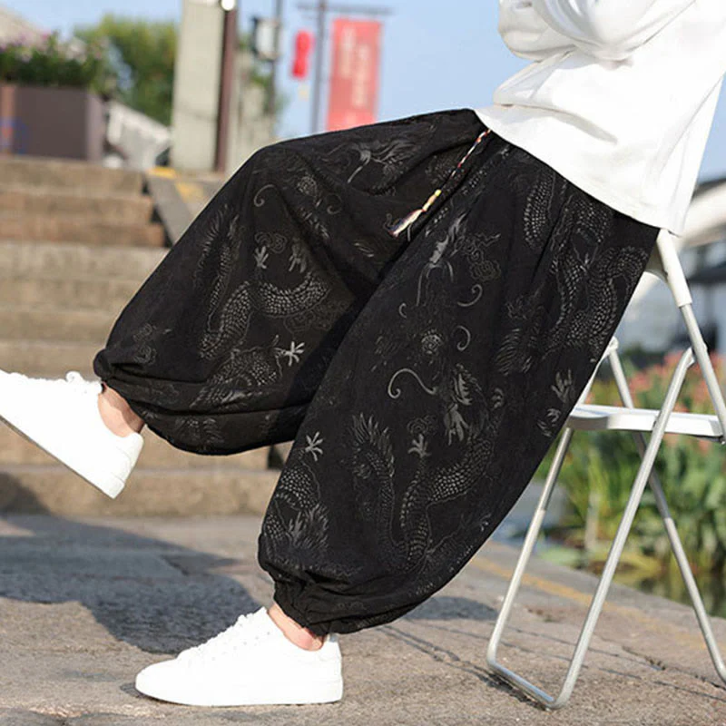 Pantaloni casual da uomo in cotone tinta unita con tasche e motivo a drago Buddha Stones - Image 22