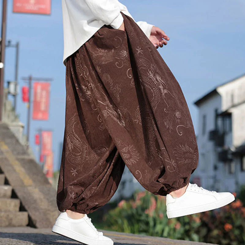 Pantaloni casual da uomo in cotone tinta unita con tasche e motivo a drago Buddha Stones - Image 3