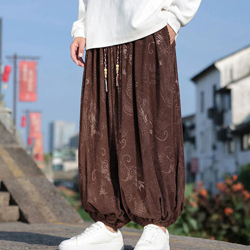 Pantaloni casual da uomo in cotone tinta unita con tasche e motivo a drago Buddha Stones - Image 5